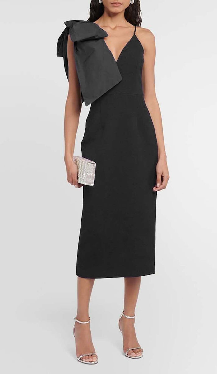 V NECKLINE BOW MIDI DRESS IN BLACKOH CICI NEW STYLE DRESS FREE