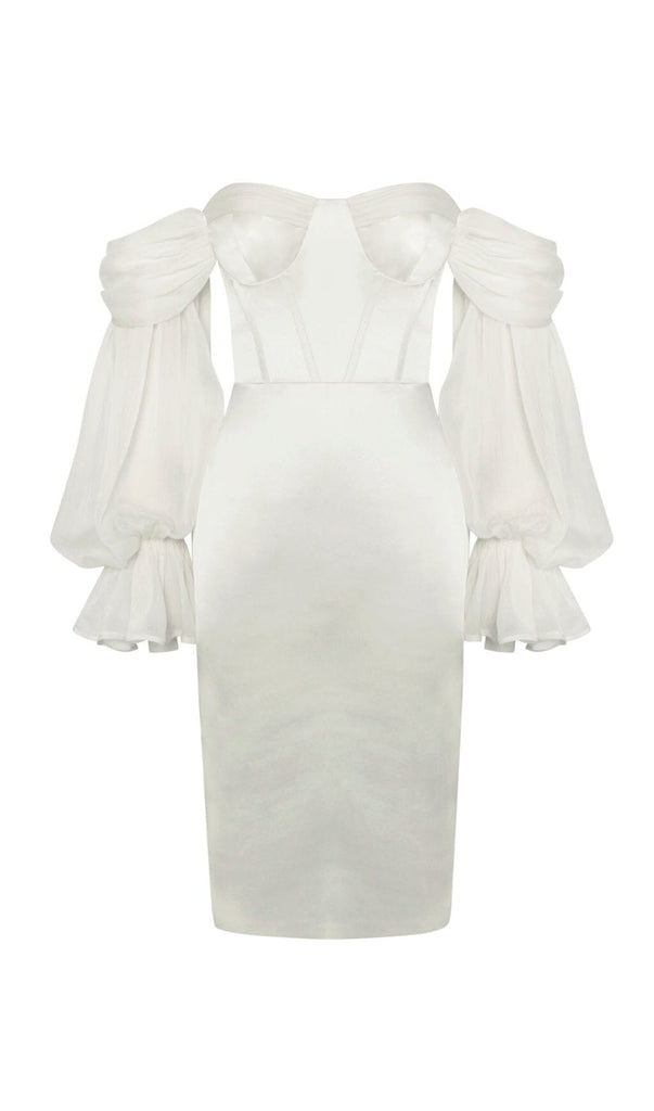 LYDIA PEARL WHITE SATIN OFF SHOULDER PUFF SLEEVE DRESS Dresses styleofcb 