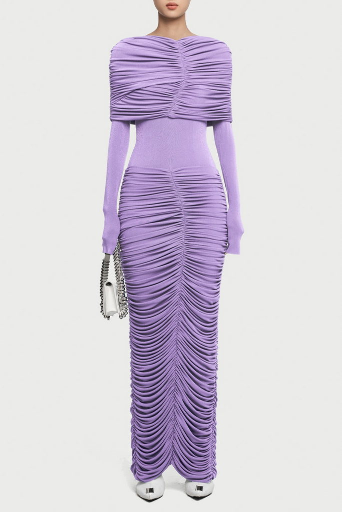 Purple ruched dress on a white background
