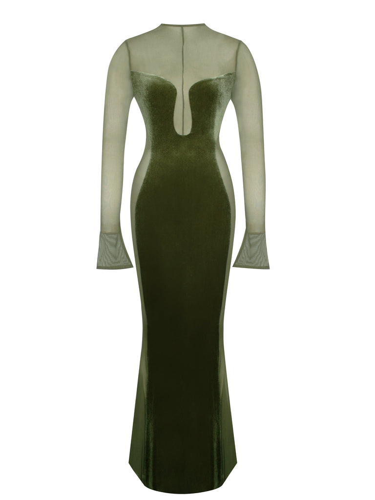 Olive Green Velvet Mesh Long Sleeve Gown-Dresses-Oh CICI SHOP