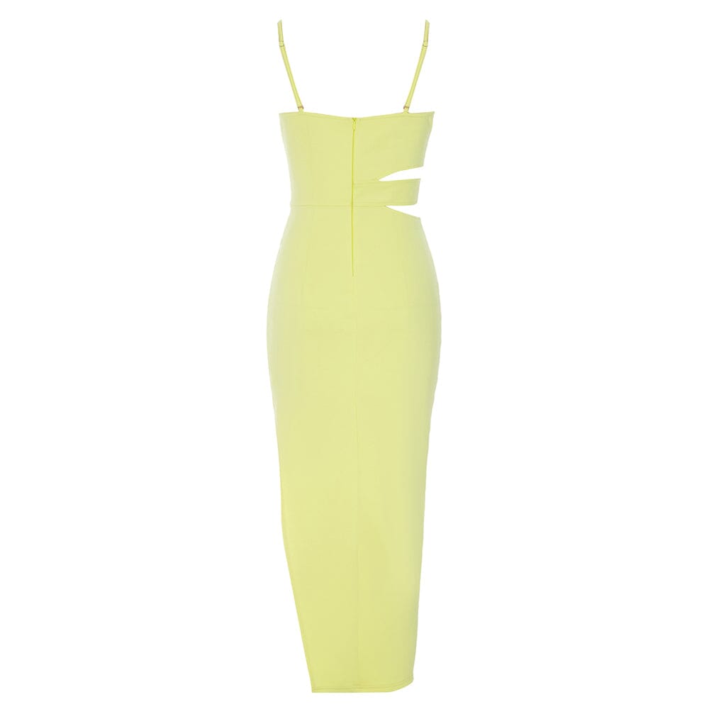 SATIN CUT OUT V NECK MIDI DRESS IN YELLOW-DRESS-Oh CICI SHOP