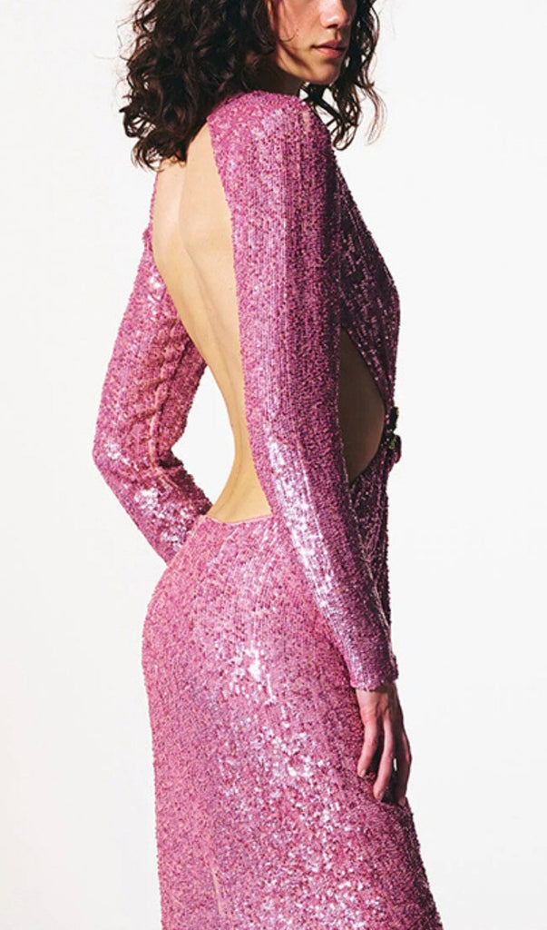 SEQUIN CUTOUT BACKLESS MAXI DRESS IN PINK-DREESES-Oh CICI SHOP