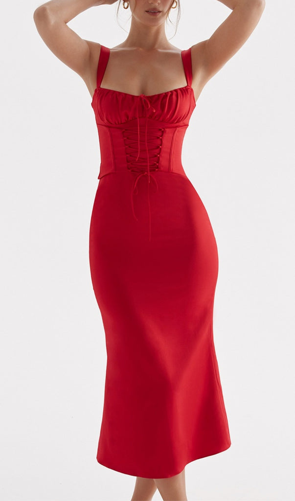 RED LACE UP CORSET MIDI DRESS-Oh CICI SHOP