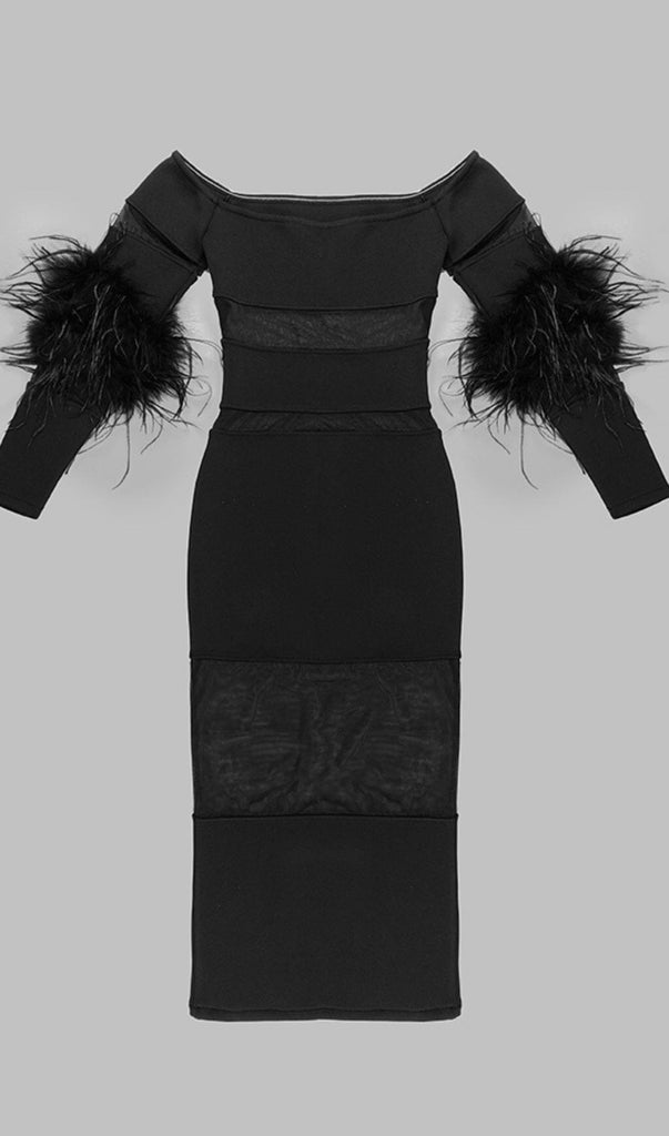 BANDAGE OFF-SHOULDER FEATHER MIDI DRESS IN BLACK styleofcb 