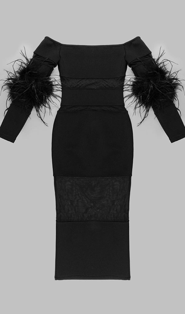 BANDAGE OFF-SHOULDER FEATHER MIDI DRESS IN BLACK styleofcb 