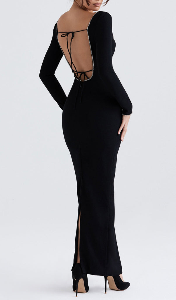 BLACK CRYSTAL EMBELLISHED MAXI DRESS-Dresses-Oh CICI SHOP