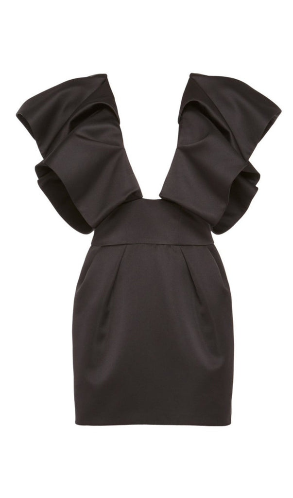 DEEP V THREE-DIMENSIONAL SHOULDER DESIGN DRESS IN BLACK-Oh CICI SHOP