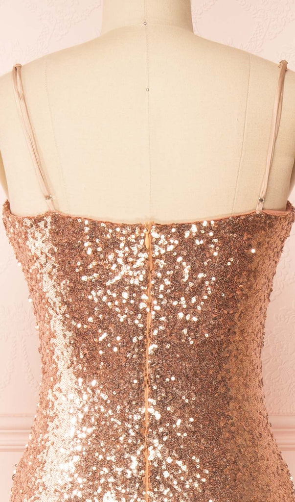 STRAPPY SEQUINS SLIT MIDI DRESS IN GOLD-Sequins Dress-Oh CICI SHOP