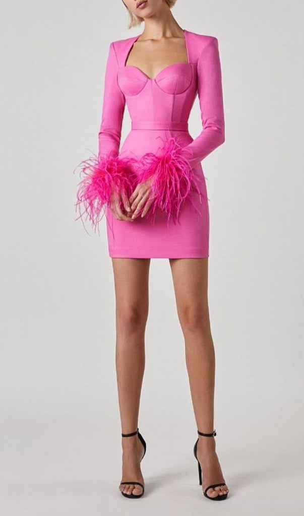 STRETCH LONG SLEEVES MINI DRESS IN HYPER PINK-Oh CICI SHOP