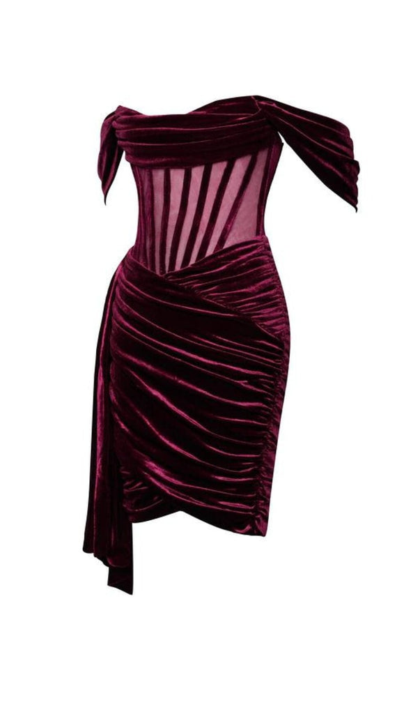 IRISA BURGUNDY DRAPING OFF SHOULDER CORSET DRESS-Dresses-Oh CICI SHOP