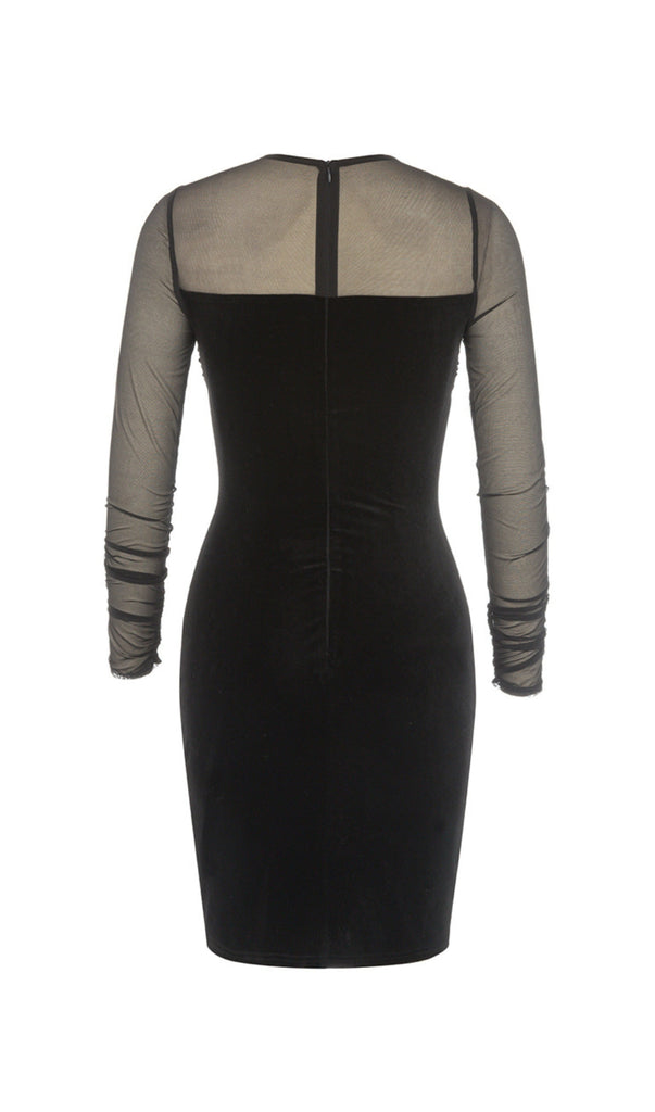 BLACK CREWNECK MESH STITCHED VELVET DRESS-Dresses-Oh CICI SHOP