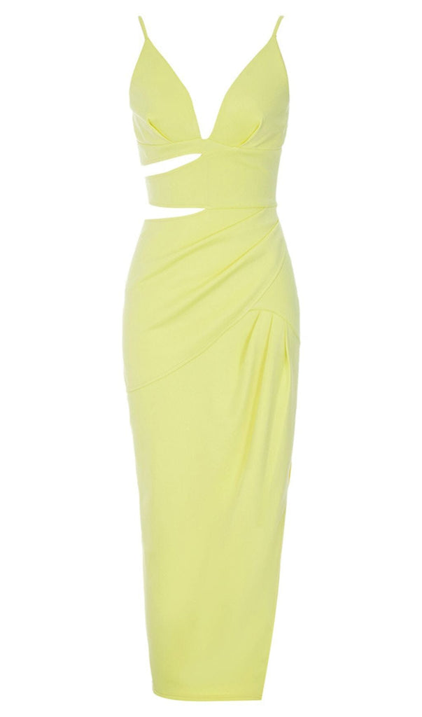 SATIN CUT OUT V NECK MIDI DRESS IN YELLOW-DRESS-Oh CICI SHOP