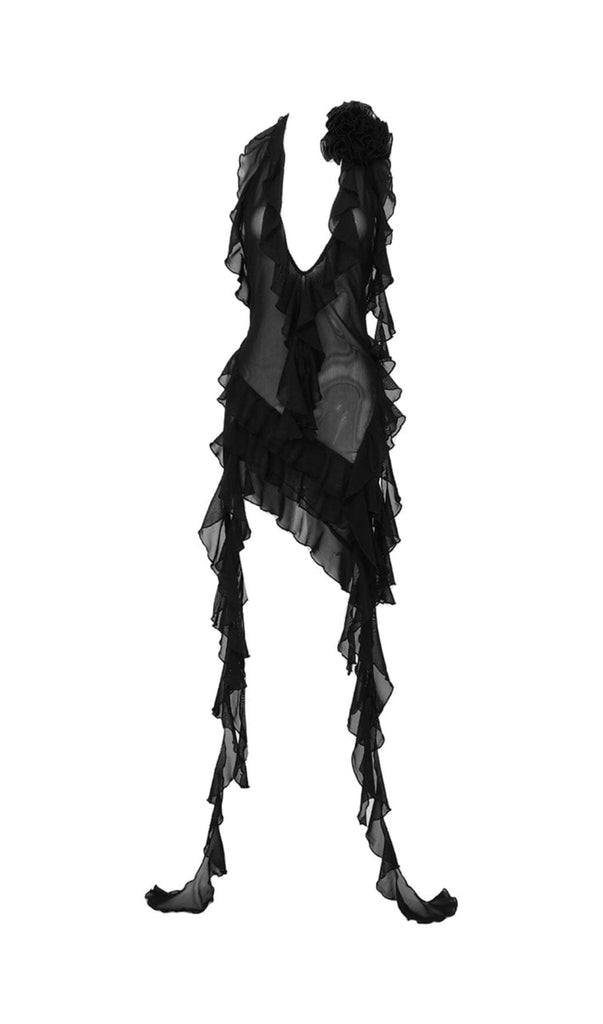 PLUNGING NECKLINE RUFFLE DRESS IN BLACK styleofcb 