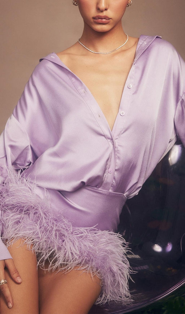 SATIN FEATHER SHIRT DRESS IN PURPLE-Dresses-Oh CICI SHOP