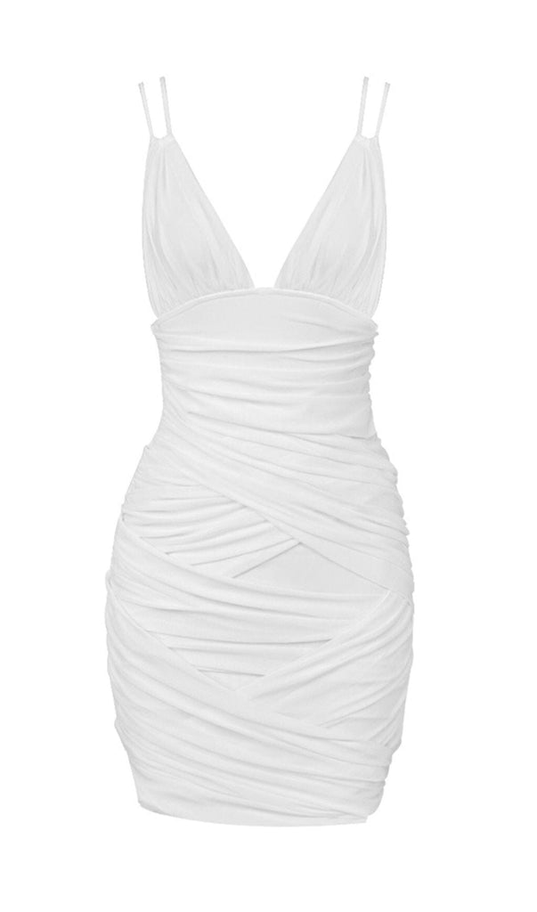 RUCHED SUSPENDER MINI DRESS IN WHITE-DRESS-Oh CICI SHOP