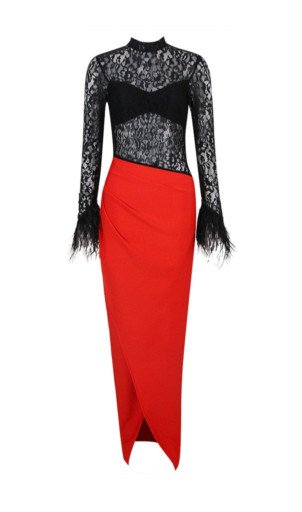 SPLICED LACE FEATHER SLIT DRESS IN BLACK AND RED-Oh CICI SHOP