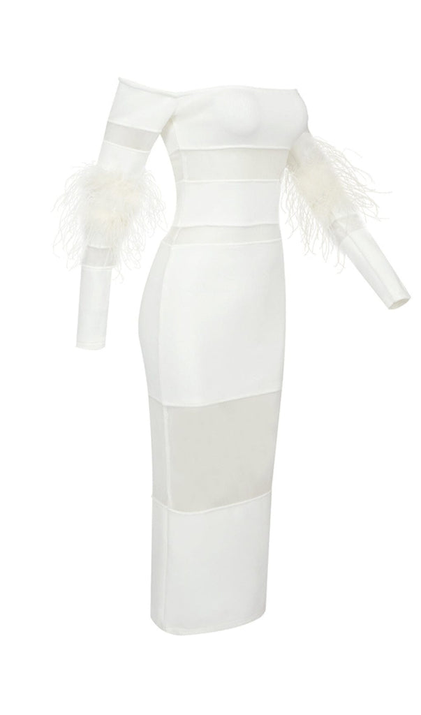 BANDAGE OFF-SHOULDER FEATHER MIDI DRESS IN WHITE styleofcb 