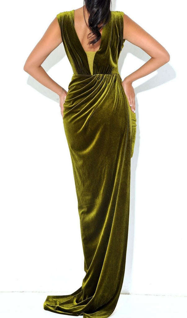 GREEN VELVET MESH MAXI DRESS-Dresses-Oh CICI SHOP