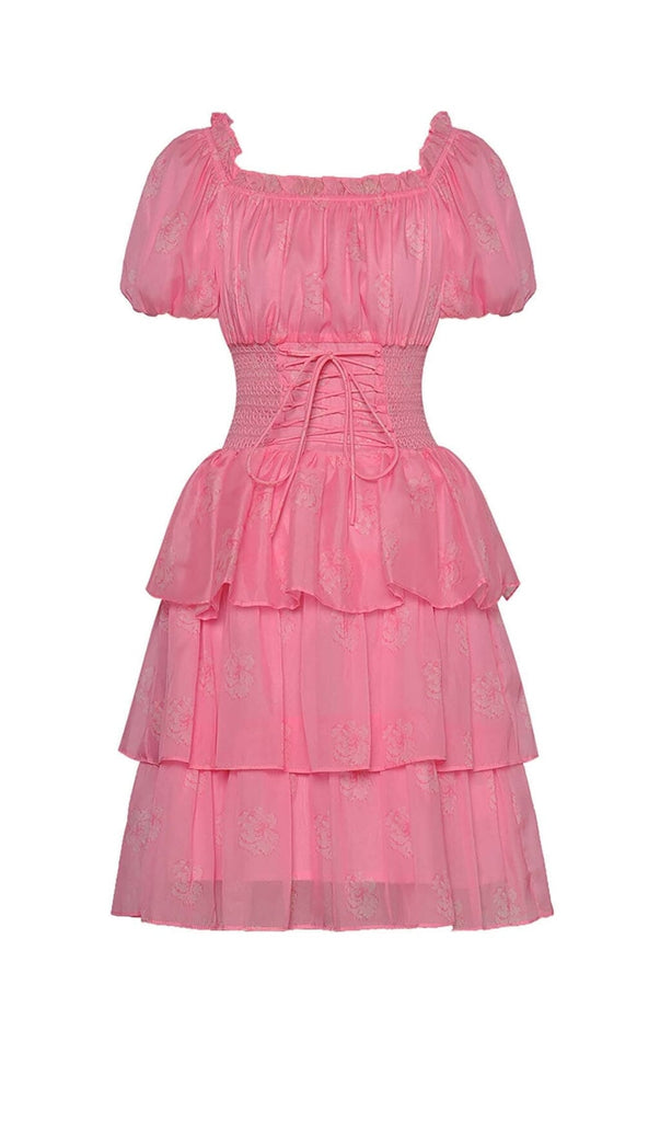 PUFF SLEEVE TIERED MIDI DRESS IN PINK OH CICI 