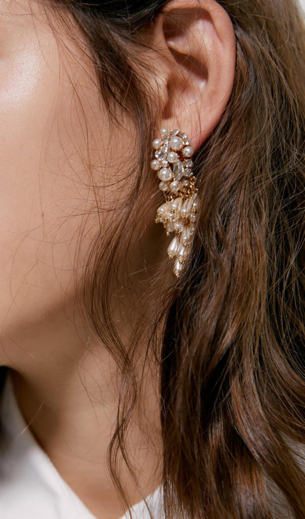 PEARL TASSEL DIAMOND EARRINGS-Jewelry-Oh CICI SHOP