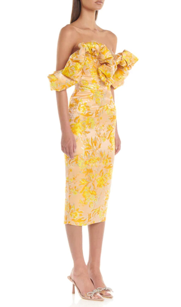 JACQUARD OFF SHOULDER MIDI DRESS IN YELLOW-Oh CICI SHOP