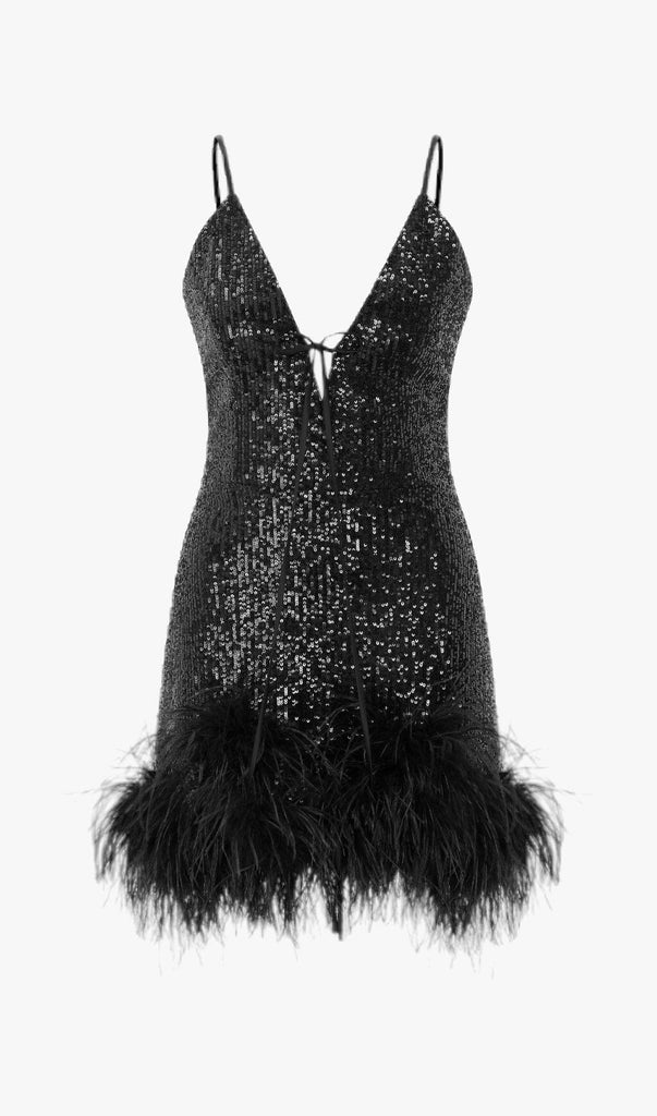 FEATHER V NECK MINI DRESS IN BLACK DRESS OH CICI 