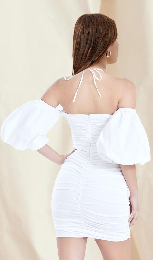 WHITE BUBBLE SLEEVE MINI DRESS-Dresses-Oh CICI SHOP