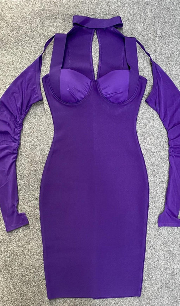 PURPLE LONG SLEEVES CUTOUT MIDI BANDAGE DRESS-Dresses-Oh CICI SHOP