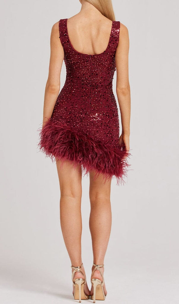 RED FEATHER SEQUIN DRESS-Oh CICI SHOP