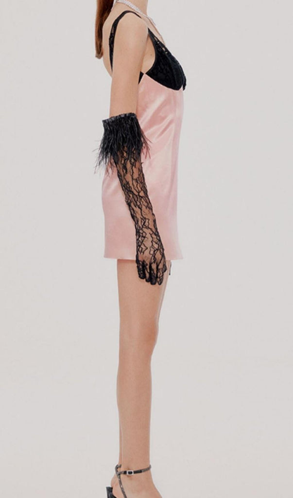 LACE GOLVES PINK PATCHWORK MINI DRESS-Dresses-Oh CICI SHOP