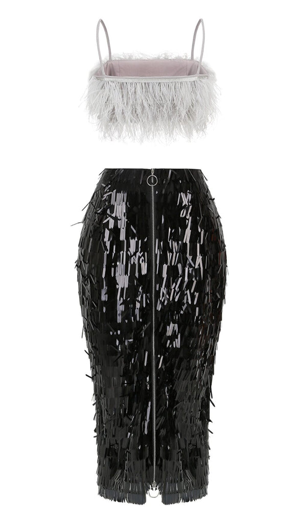 FEATHER TOP SEQUIN MIDI DRESS IN BLACK DRESS OH CICI