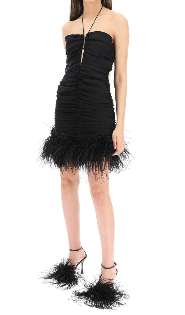 SEXY STRETCH OFF-SHOULDER FEATHER MINI DRESS IN BLACK-Oh CICI SHOP