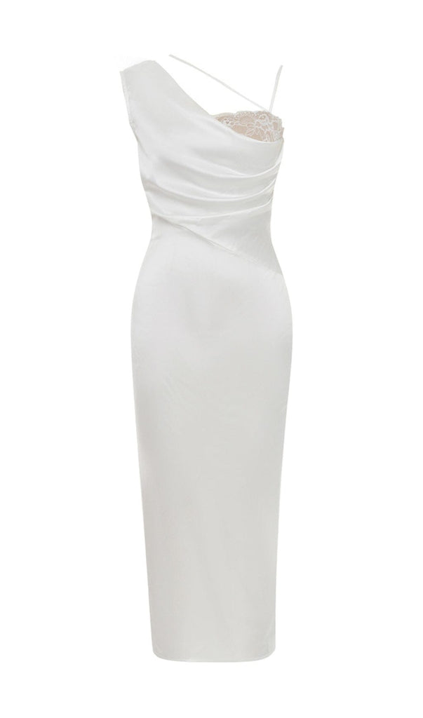 SATIN ONE SHOULDER MIDI DRESS IN WHITE-Oh CICI SHOP