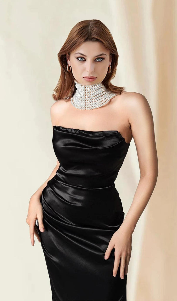 BLACK SATIN STRAPLESS MAXI DRESS-Dresses-Oh CICI SHOP