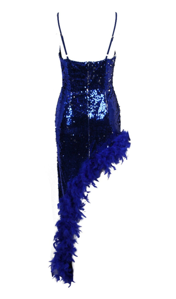 FEATHER SEQUIN MIDI DRESS IN BLUE OH CICI 