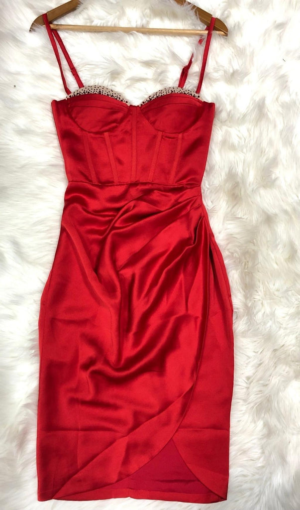 RED DIAMONATE SATIN MIDI DRESS-Dresses-Oh CICI SHOP