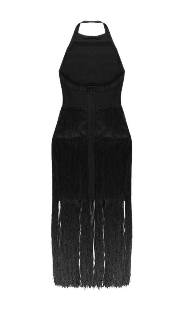 BLACK HALTER TASSELS MIDI BODYCON DRESS-Dresses-Oh CICI SHOP