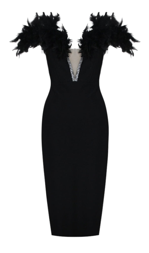 FEATHER PLUNGE MIDI DRESS IN BLACK DRESS OH CICI