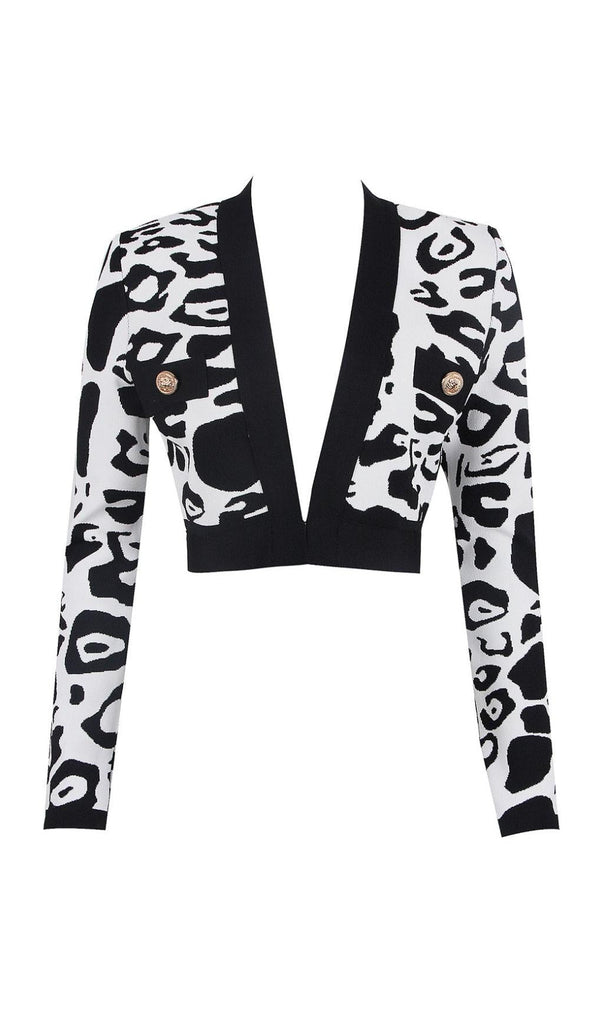 Leopard Print Deep V Short Bandage Jacket In Black-TOPS & SKIRTS-Oh CICI SHOP