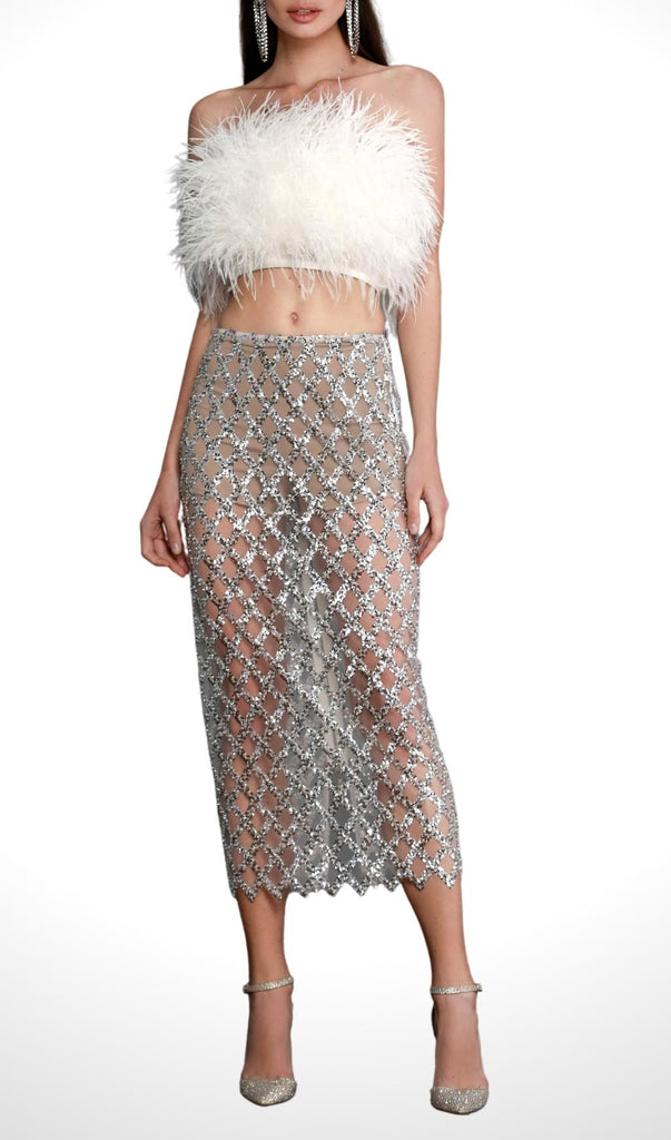 FEATHER SEQUIN TWO PIECE SET IN WHITE-Oh CICI SHOP