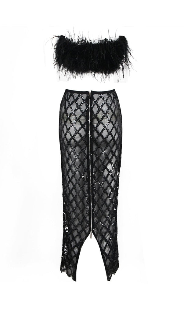 FEATHER SEQUIN TWO PIECE SET IN BLACK-Oh CICI SHOP