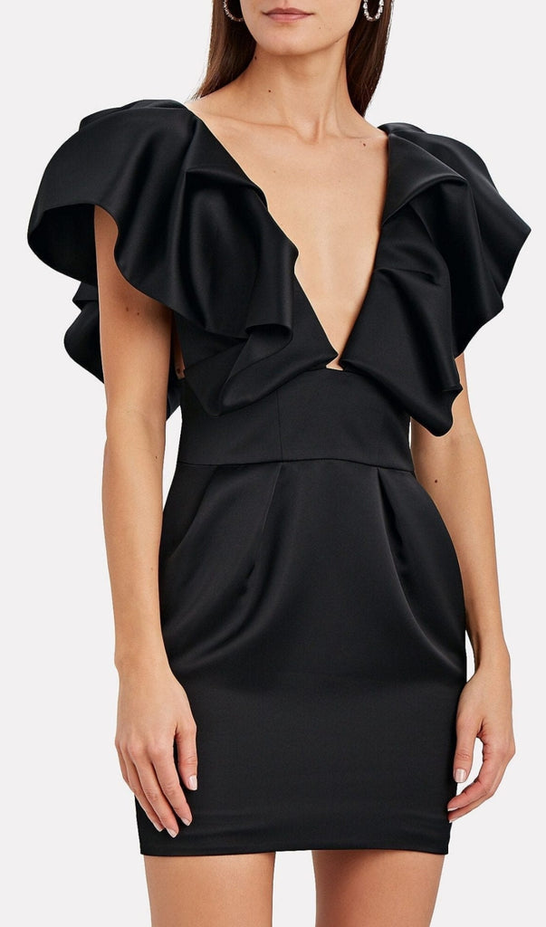 DEEP V THREE-DIMENSIONAL SHOULDER DESIGN DRESS IN BLACK-Oh CICI SHOP