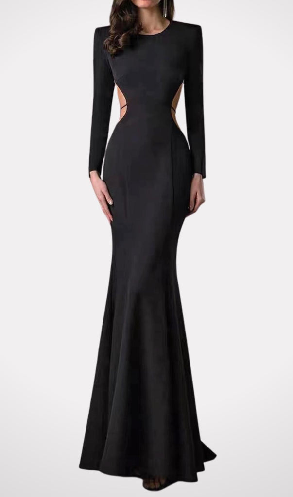 LONG SLEEVE CUT OUT BACKLESS MERMAID MAXI DRESS IN BLACK-Oh CICI SHOP