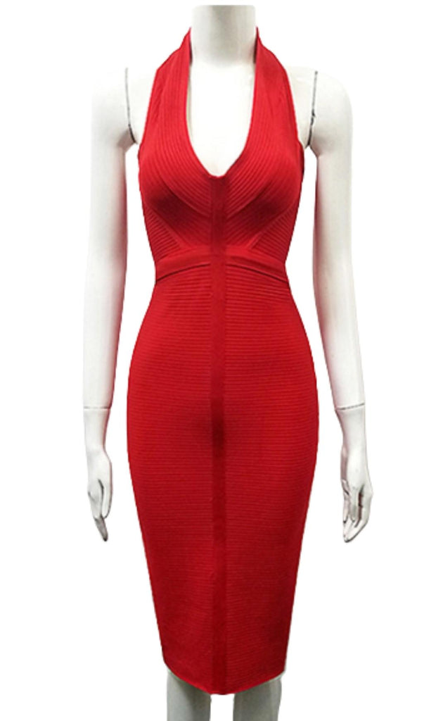 RED BANDAGE WRAP PLUNGE DRESS-Dresses-Oh CICI SHOP