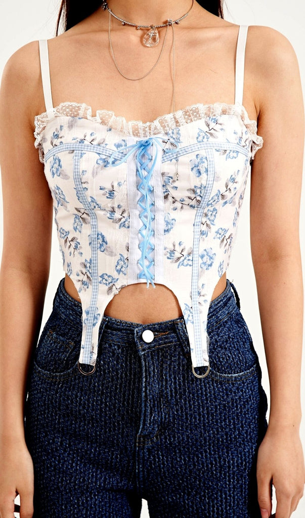 BLUE FLORAL LACE UP STRAPPY TOP-Shirts & Tops-Oh CICI SHOP