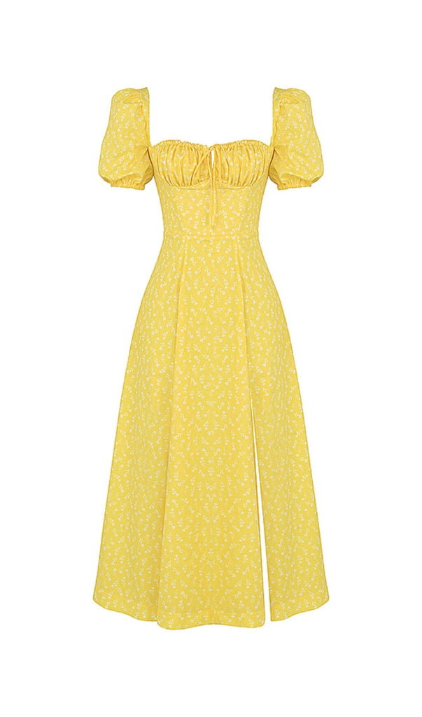 VINTAGE FLORAL PUFF SLEEVE MIDI DRESS IN YELLOW oh cici 