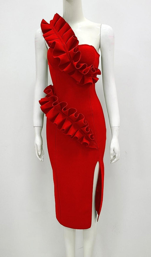 RED ONE SHOULDER MIDI BANDAGE DRESS-Dresses-Oh CICI SHOP