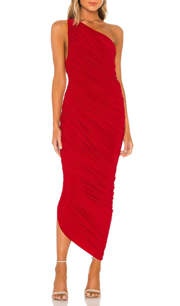 ONE-SHOULDER PLEATED MESH MAXI DRESS IN RED-Dresses-Oh CICI SHOP