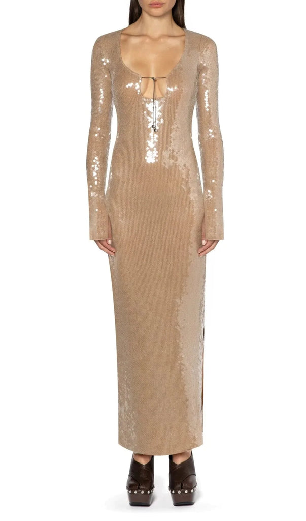 SEQUINED WITH LONG SLEEVES AND BACKLESS DRESS IN KHAKI-Oh CICI SHOP