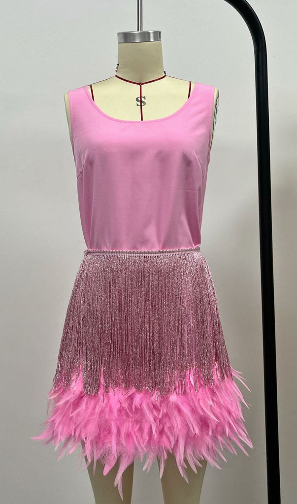 SHINY FRINGE FEATHER MINI DRESS IN PINK-Oh CICI SHOP